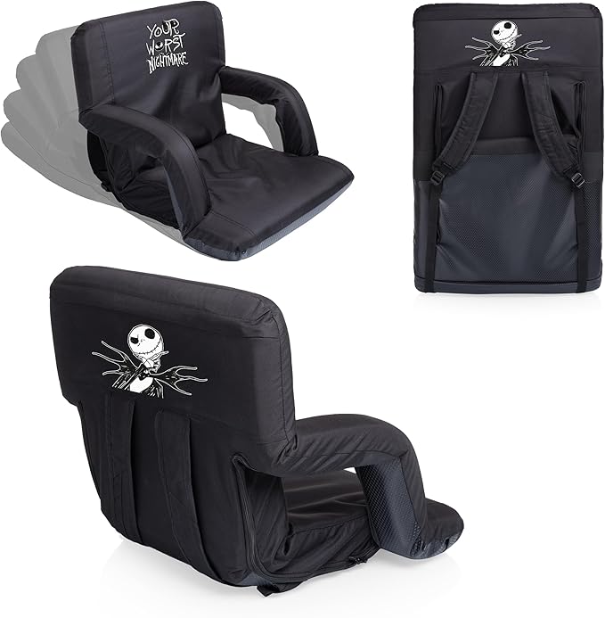 Picnic TIME Disney Nightmare Before Christmas Jack Skellington Ventura Reclining Stadium Seat with Back Support Portable Bleacher Floor Beach Chair with Backpack Straps (Black)