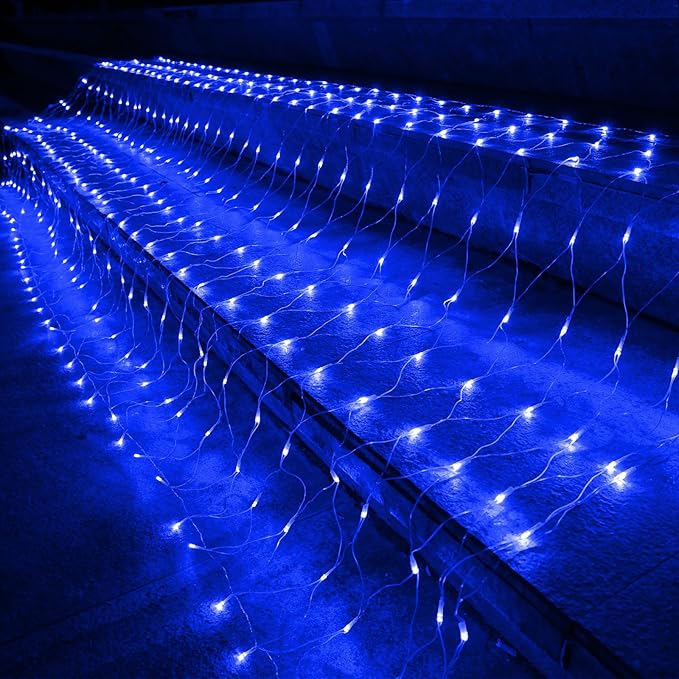 Joomer Christmas Net Lights - 12FT x 5FT 360 LED Plug-in Mesh Lights Waterproof with 8 Modes Timer Connectable for Bushes Trees Garden Outdoor Christmas Decor (Clear Wire Blue)
