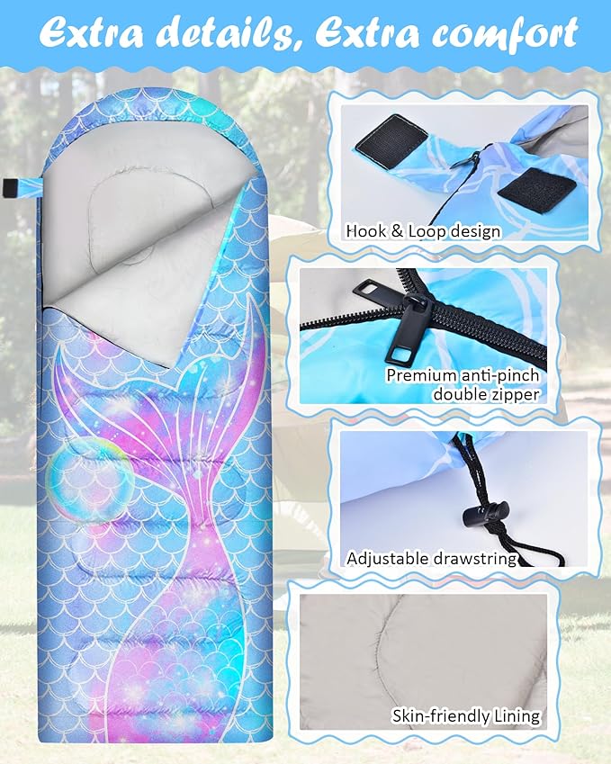 Sleeping Bags for Kids 3 Season Waterproof Sleeping Bag with Carry Bag for Camping Hiking Rainbow Unicorn