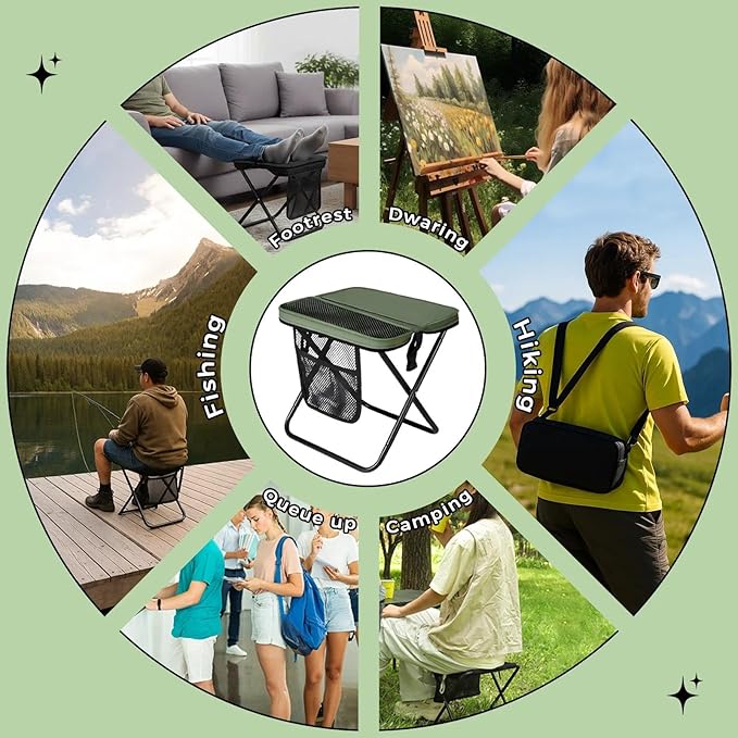 Portable Collapsible Stool - Folding Chair with Storage Pouch Convertible Satchel for Hands-Free Carry &amp Supports 265Lbs Ultralight for Hiking Fishing Camping Festivals (Green)