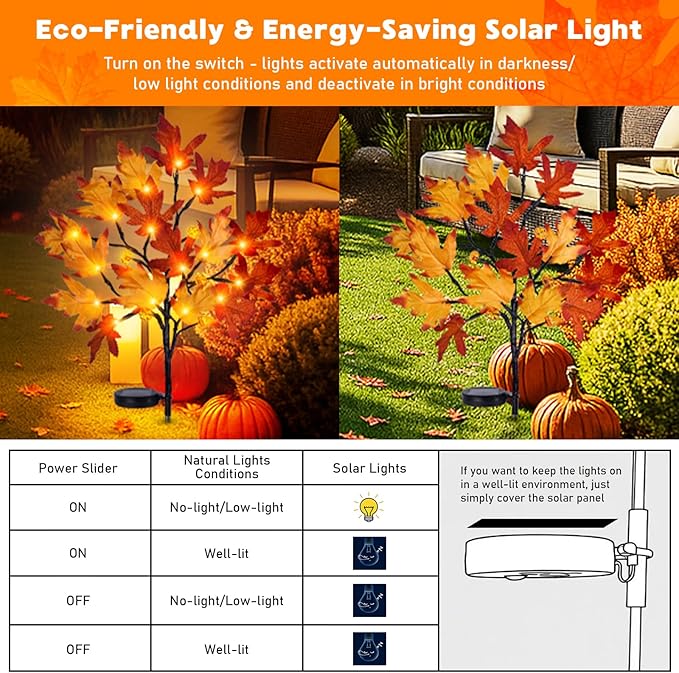 Fall Solar Pathway Lights 4PCS Autumn Outdoor Harvest Decorations Waterproof Maple Leaves Lights for Lawn Yard Garden Patio Walkway Driveway Landscape Lighting Auto On/Off
