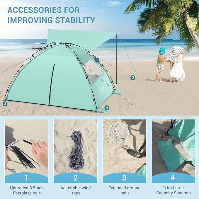 Elegear CumbreX™ Beach Tent Sun Shelter with Canopy 4-5 Person Pop Up Beach Tent Easy Setup UPF 50+ UV Protection Portable Lightweight Double Silver Coating Cabana Sun Shade Shelter - Green
