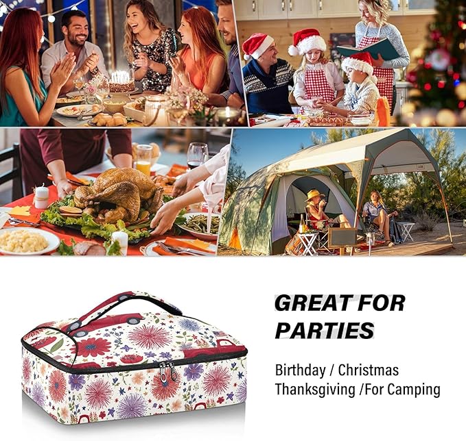Casserole Carrier Red Truck FlowersInsulated Casserole Carrier for Hot or Cold Food Thermal Lunch Tote for Potluck Parties Picnic Beach Fits 9 x 13 Inches Baking Dish