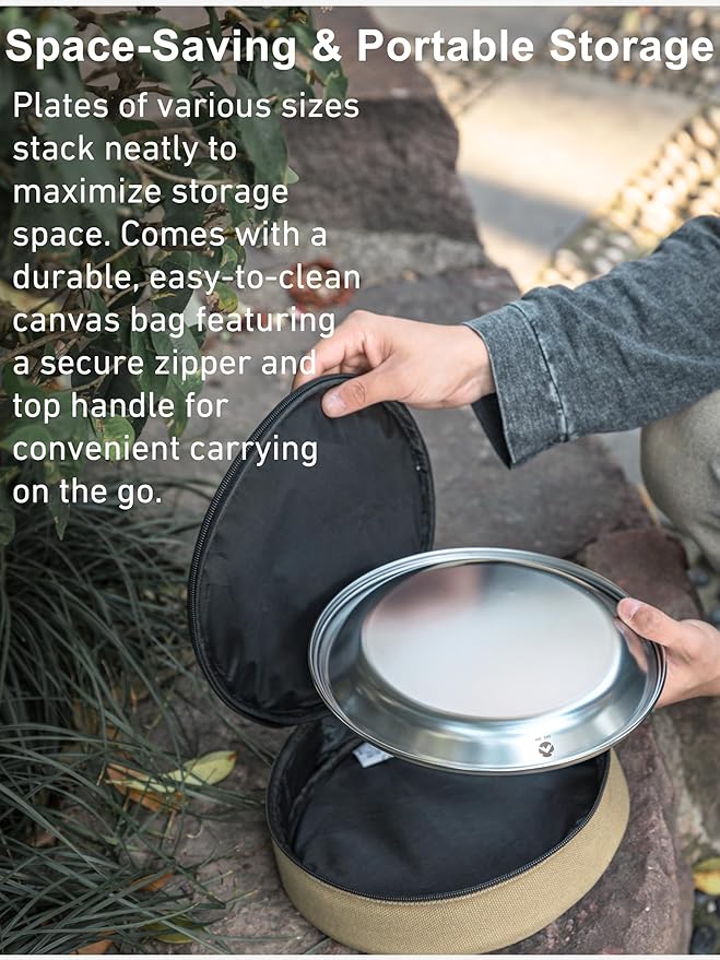 CAMPINGMOON Camping Plates 8 pack set Salad Side Dinner Plate Dishes Outdoor Tableware Stainless Steel with Canvas Case S397-2S