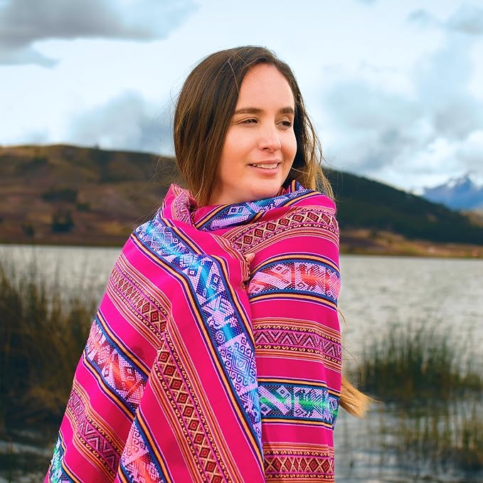 Lucio Fabrics Unique Native Peruvian Throw - Vibrant Colors Lightweight Durable - HomeYoga BeachCampingPicnicOutdoor Activities Thin Blanket 70'' x 47'' (Fuchsia Sacred Valley Weave)