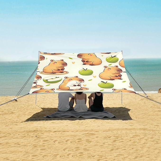 Capybara and Green Camping Sun Shelter Beach Tent Portable Beach Sun Shade Outdoor Canopy for Camping Trips Fishing Picnic