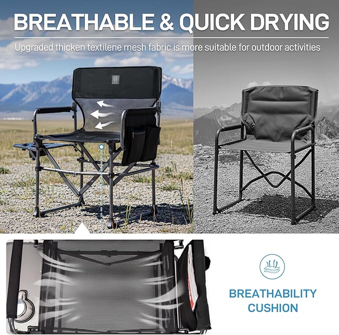 EVER ADVANCED Camping Directors' Chair with Side Table Portable Folding with Compact Size Breathable &amp Quick Dry Design Heavy Duty Lawn Chair with Pocket 400lbs Textilene Mesh Black