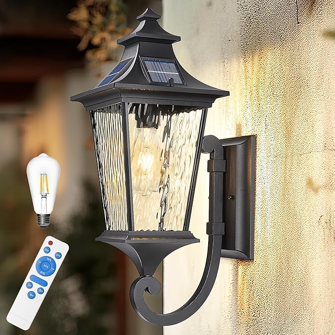 Emliviar Solar Wall Lantern Outdoor Waterproof Outdoor Sconce Light Dusk to Dawn LED Exterior Wall Lighting with Water Ripple Glass Black Finish 500181-SL SW BK