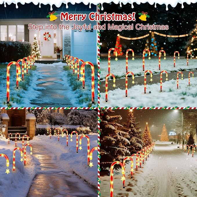 Lewondr 15 Solar Christmas Candy Cane Lights Outdoor Pathway Stake Lights with 2 Modes 108 LED Beads Waterproof Outside Xmas Decorations with Star Decor Lights for Yard Garden Holiday 12 Pack
