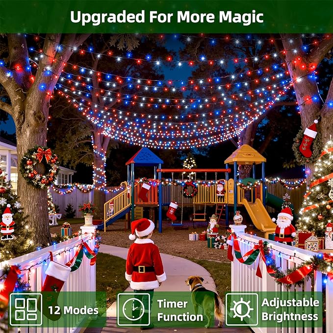 750 LED 240FT Christmas Lights Outdoor12 Lighting Modes Christmas String Lights with Timer Dimmable Plug in Red White and Blue LED StringLights Waterproof for Yard Tree Wedding Party Holiday