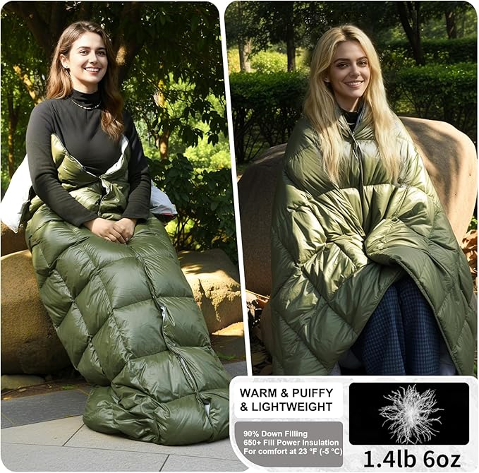 Down Camping Blanket - Lightweight Packable Warm &amp Puffy Outdoor Travel Quilt for Sleep Hiking Backpacking Stadium Festivals Water-Resistant Sleeping Bag 55x79