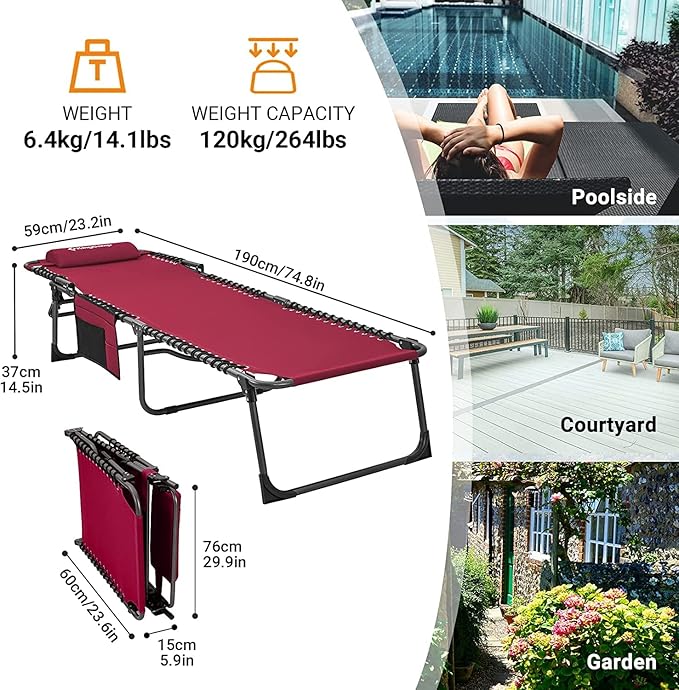KingCamp Chaise Lounge Outdoor 5-Position Adjustable Patio Lounge ChairFolding Tanning Chair for LawnBeachPool and SunbathingPortable Heavy-Duty Camping Reclining Chair with Pillow (2 Wine)