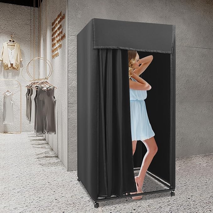 Clothing Store Fitting Room 39×39×78 inch Clothing Store Fitting Room with Shading Curtain Portable Temporary Mobile 95% Privacy Protection Dressing Room with Castors &amp Hanger (Black)