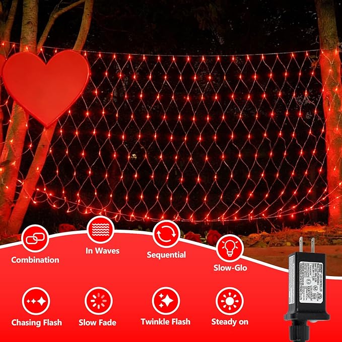 YEGUO Net Lights Outdoor Mesh Lights 12ft x 5ft 360 LED Red Valentine‘s Day Light Outdoor Waterproof 8 Modes Connectable Clear Wire Christmas Bush Light Plug in