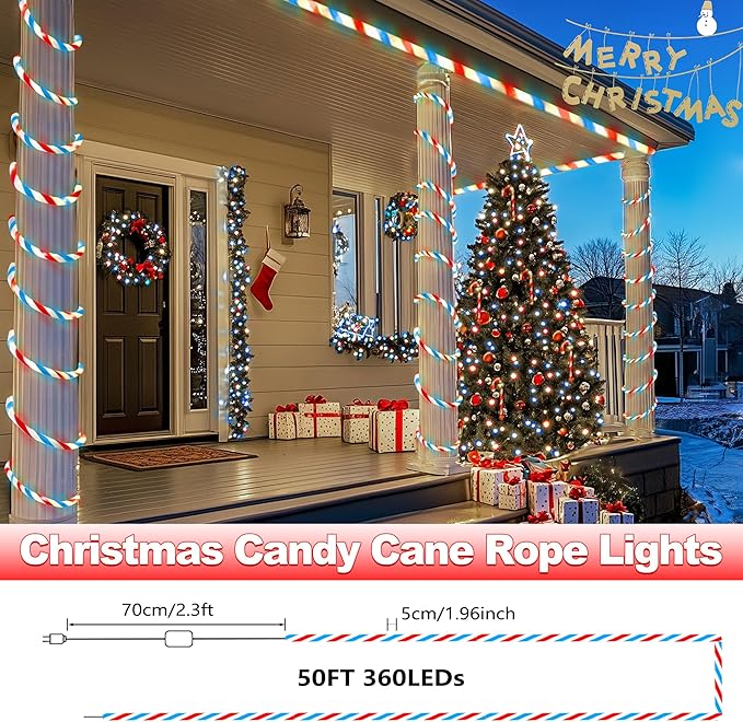 Toodour Christmas Candy Cane Lights 50ft 360 LED Candy Cane Rope Lights Outdoor with 8 Modes Connectable Timer Waterproof Red White Blue Christmas Light for Garden Patio Bedroom Party Xmas Decor