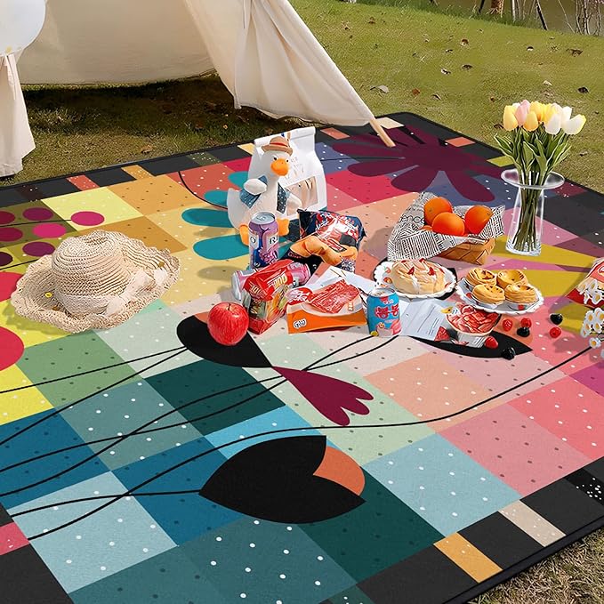 Abstract Floral Picnic Blankets Waterproof Foldable 60″X80″ Thick Picnic Mat Outdoor Blanket for Grass Modern Beach Blanket Sandproof Picnic Accessories for Camping Party Park Travel