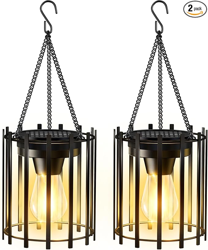 KOOPER Solar Lanterns Outdoor Waterproof 14.56 Upgraded Bright Hanging Solar Lights Outdoor Lanterns Decorative Auto ON/Off Metal Hanging Lantern Lights for Pathway Yard Patio Garden Decor 2 Pack