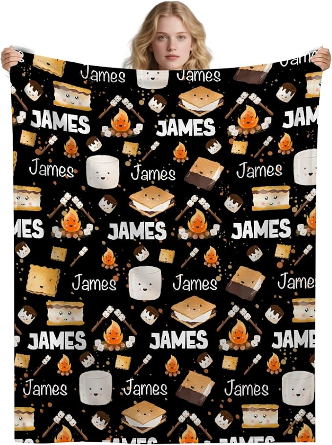 Custom S'Mores Blanket with Name | Personalized Marshmallow Blanket for Girls Boys | Ultra Soft Customized Cookie Throw for Couch/Sofa/Travel/Camping Home Decor - 60x80-Adults/Twin Size