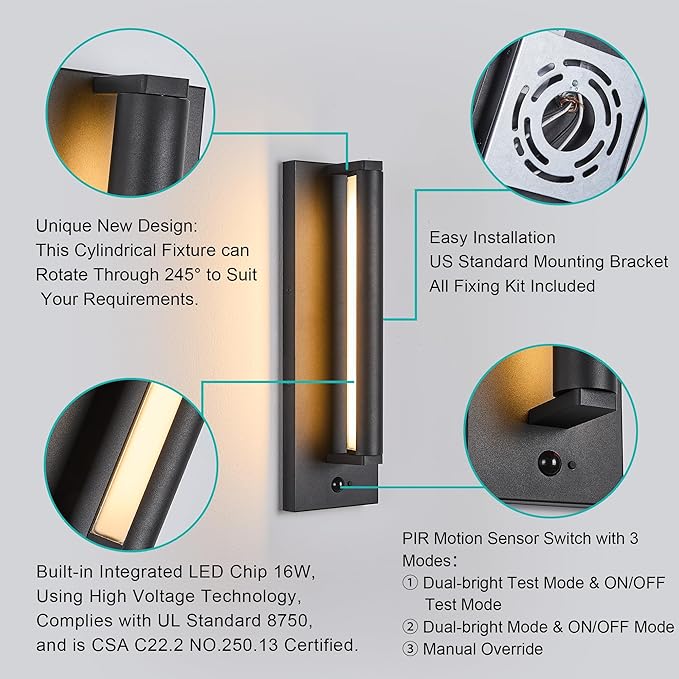 Modern PIR Motion Sensor Outdoor LED Wall Light with a Rotatable Beam and 245° Adjustment 3 Lighting Sensor Modes IP65 Waterproof Suitable for Porches Balconies Gardens Garages.