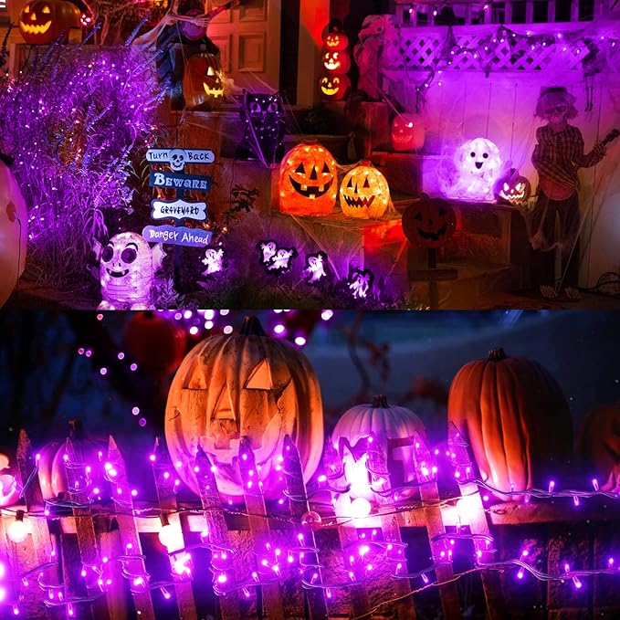 New Upgraded Purple Solar String Lights Outdoor 2 Pack Total 144FT 400LED Solar &amp USB Rechargeable 19 Mode Solar Halloween Lights for Outside Yard Patio Garden Party Xmas Halloween Decorations Pu