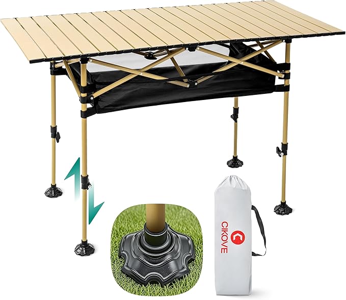 Height Adjustable Camping Table Tall Large Outdoor Folding Camping Table with Wide-Base Anti-Sink Legs &amp Carry Bag for Camping BBQ Beach Backyard (Beige)
