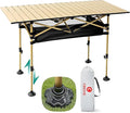 Height Adjustable Camping Table Tall Large Outdoor Folding Camping Table with Wide-Base Anti-Sink Legs &amp Carry Bag for Camping BBQ Beach Backyard (Beige)