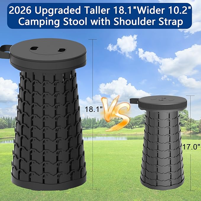 Upgraded 18.1 Collapsible Stool with Adjustable StrapLightweight Folding StoolLoad Capacity 600lbsRetractable Camping Stool Portable Folding Chair or Travel Footrest for Outdoor Fishing Hiking BBQ