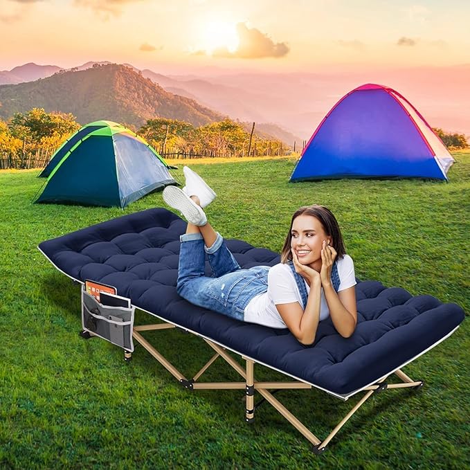 Camping Cot 450LBS(Max Load) Portable Folding Outdoor Bed with Carry Bag for Adults Kids Heavy Duty Cot for Traveling Gear Supplier Office Nap Beach Vocation and Home Lounging (Blue)