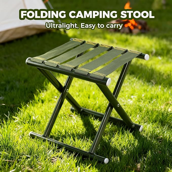 Heavy Duty Folding Stool Full Steel Frame Camping Stool for Adults 400LBS Capacity Military Green Portable Stool with Thickened Webbing Anti-Slip Feet for Outdoor Camping Hunting Fishing Gardening