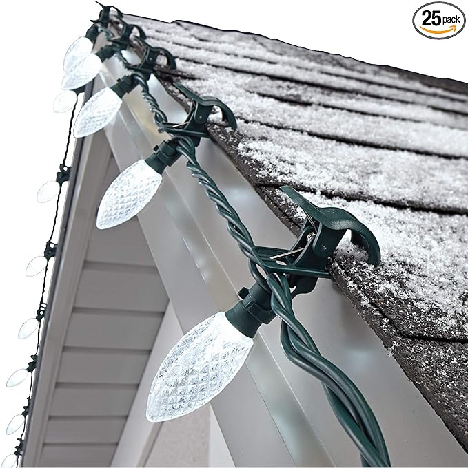 C9 LED Quick Clip Christmas Lights | Built-in Clip-On String Lights | 25 Pure White Bulbs | 16 Foot Strand