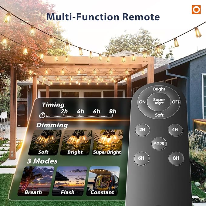 addlon 150FT(144+6) Solar String Lights Outdoor with Remote Long-Lasting Waterproof Patio Lights Dimmable &amp Timable Hanging Solar Light with 45 LED Bulbs for Outside Yard Garden Camping Gaze