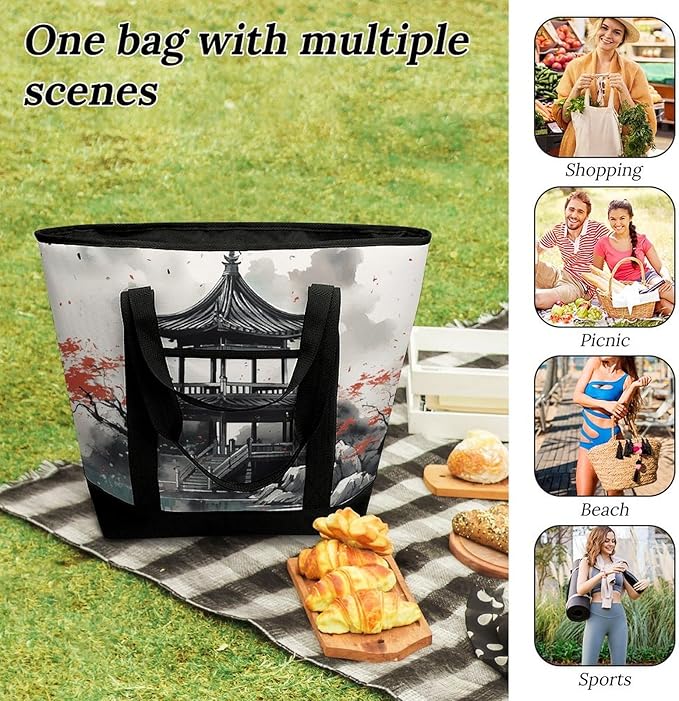 Insulated Shopping BagLarge Reusable Cooler Bags Chinese Ink Painting Printed Foldable Shopping BagTravel Waterproof Shoulder Bag