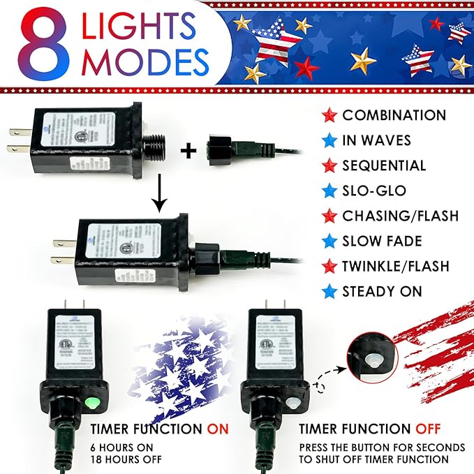 4th of July 95FT 240LED Red White and Blue String Lights Extra-Long Connectable Led Twinkle Lights Waterproof with 8 Modes Memory Independence Day Decoration