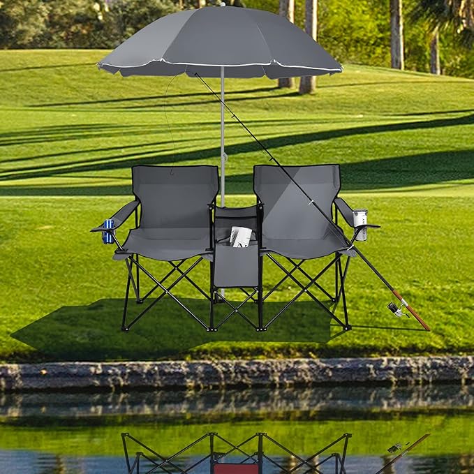 Goplus Double Camping Chair with Umbrella Folding Loveseat Chairs w/Canopy Shade Carrying Bag Table Cup Holder Portable Beach Chairs Outdoor Picnic Patio (Grey)