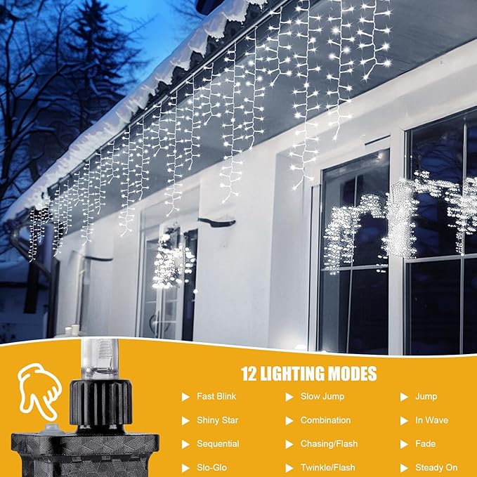 Brightown Cluster Icicle Lights Outdoor 33FT 1020 LED Icicle Christmas Lights with 51 Drop12 Modes Cluster String Light with Timer Waterproof Firecracker Christmas Light Outdoor White