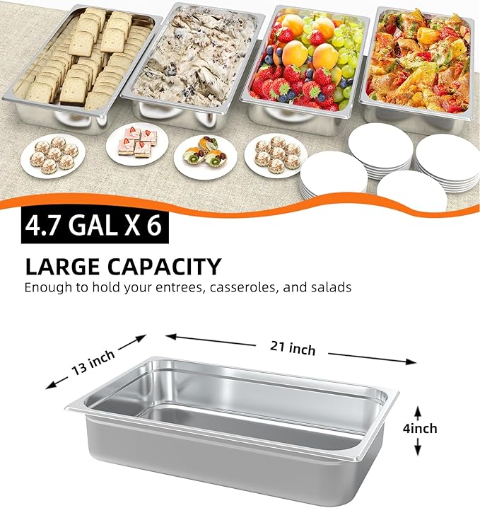 ACEKOOL 6 Pack 4 Hotel Pans Stainless Steel Catering Pans Deep Steam Table Pan Storage Food Tray Anti-Jam Steam Table Food Chafing Dish Pan for Catering Buffet