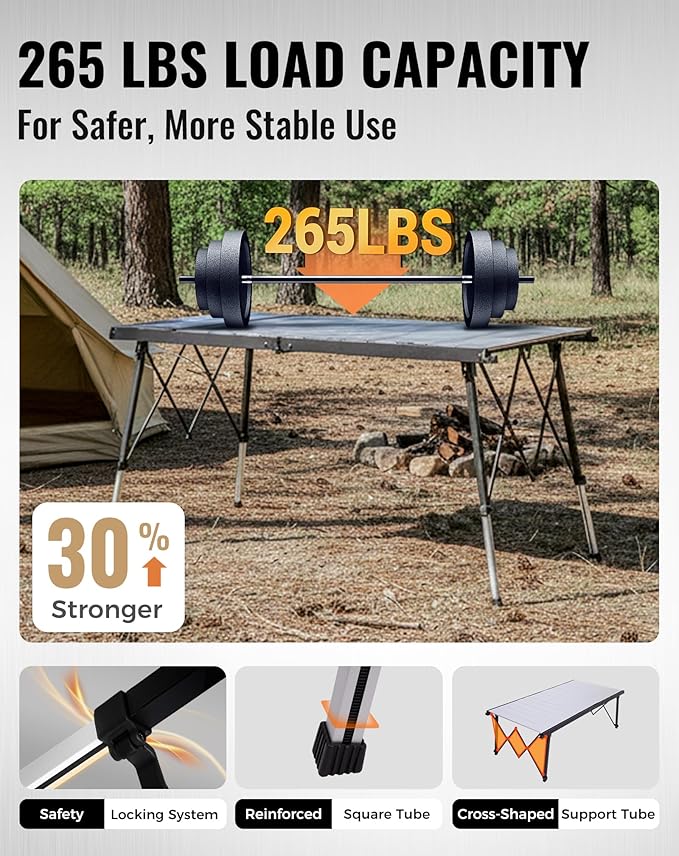 KingCamp Folding Camping Table Foldable 55.1 x27.6 Aluminum Roll Up Table with Adjustable Height 6-7 Person Large Camp Tables Outdoor with Carrying Bag for BBQ Patio Picnic Loads 265 Lbs