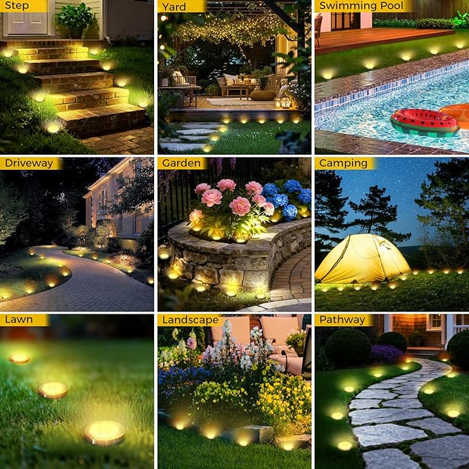 16 Pack Solar Ground Lights Outdoor 8 LED Mini Flat Solar Disk Lights IP65 Waterproof Anti-Rust Disc Light Landscape Lighting for Garden Pathway Yard Walkway Driveway LawnWarm White