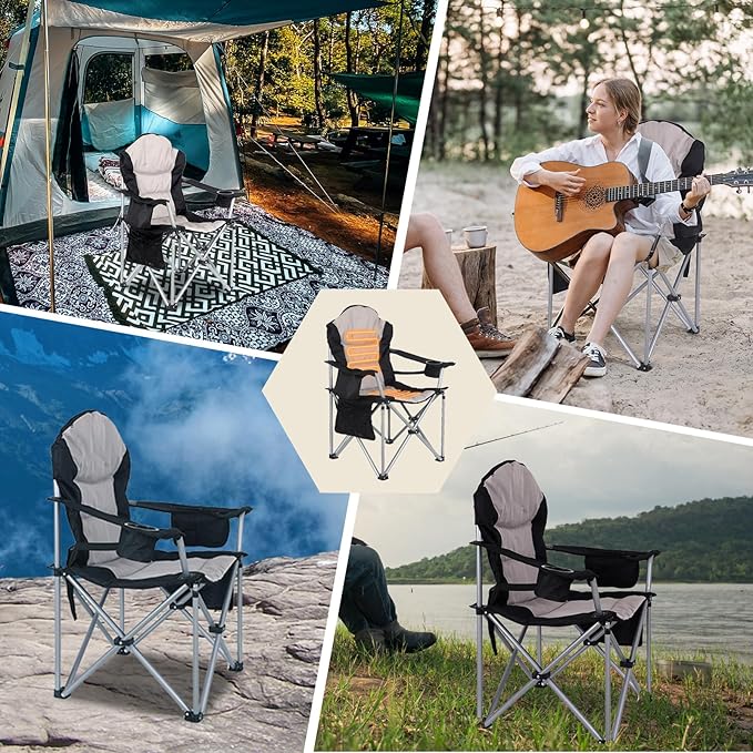 Heated Outdoor Chairs Heated Camp Chair Camping Chairs Heated Folding Chair with Removable Cushion Battery Pack Fully Padded for Outdoor Comfort with Cup Holder (2-Pack)