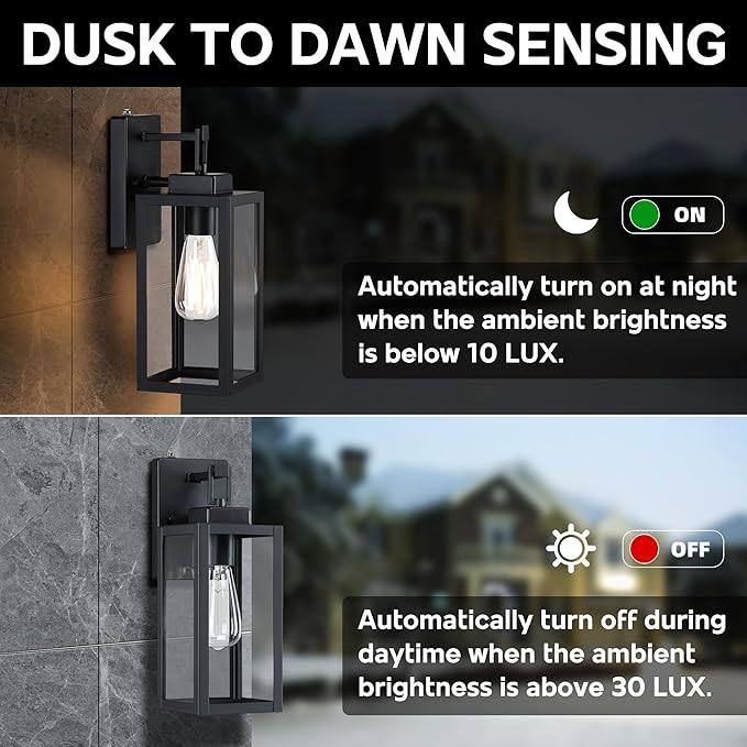 12 Inch Outdoor Wall Lights Dusk to DawnExterior Sconce Lights with Sensor Photocell Black Wall Lantern for Porch Patio Garage Dusk to Dawn Outdoor Lighting