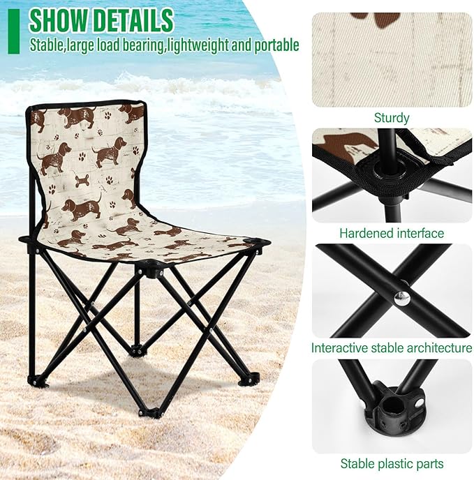 KLL Dashshund Dog Cute Brown Retro Foldable Folding Chairs Ultralight Beach Chair Includes Carry Bag Travel Chair for Outside Outdoor