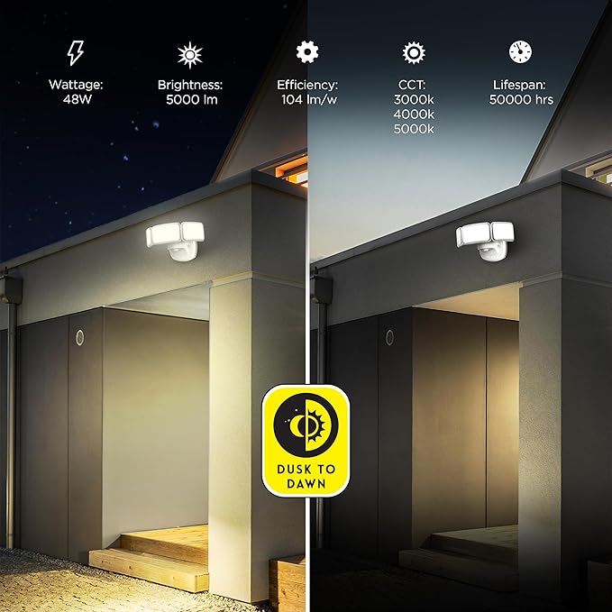 Feit Electric Dusk to Dawn Hardwired LED White Security Floodlight 5000 Lumens 3CCT Adjustable Color Temperature Flood Light 3 Head 3000K 4000K 5000K LED Outdoor Lights S10.5TFL/3CCT/DD/WH