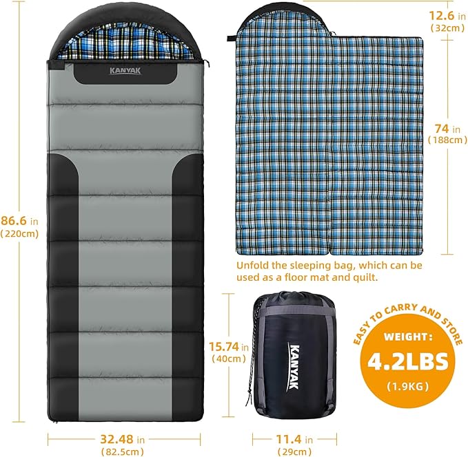 Cotton Flannel Lined Sleeping Bag for Adults Teens Kids Cold Weather &ampWarm 3 Seasons Lightweight Compact Camping Essentials Equipment Hiking Outdoor Travel