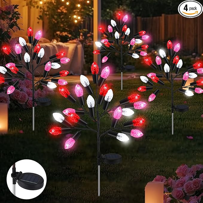 4 Pcs Valentine's Day Outdoor Decoration Solar Pathway Lights 28 Pink Stake Light Waterproof 8 Modes 80 Heart Shape LEDs for Yard Walkway Path Garden Patio Valentine Decor