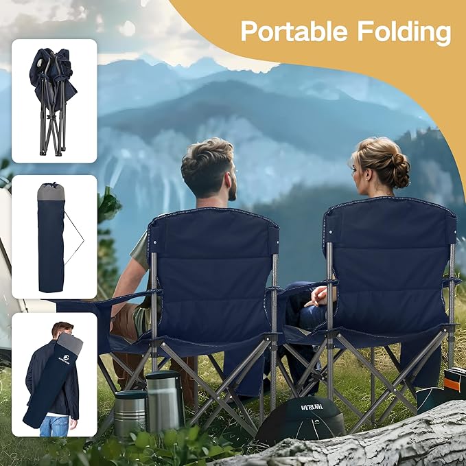 ALPHA CAMP Heavy Duty Camping Chair 500LBS Capacity Oversized Folding Chair for Heavy People Padded Portable Outdoor Chair with Cooler Bag &amp Cup Holder for Camping Fishing Beach