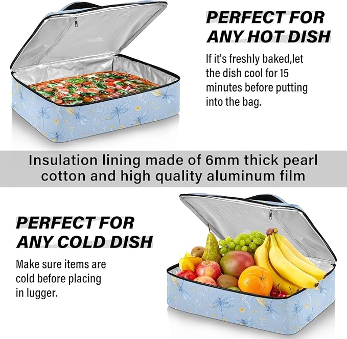 Casserole Carrier Adorable DragonfliesInsulated Casserole Carrier for Hot or Cold Food Thermal Lunch Tote for Potluck Parties Picnic Beach Fits 9 x 13 Inches Baking Dish