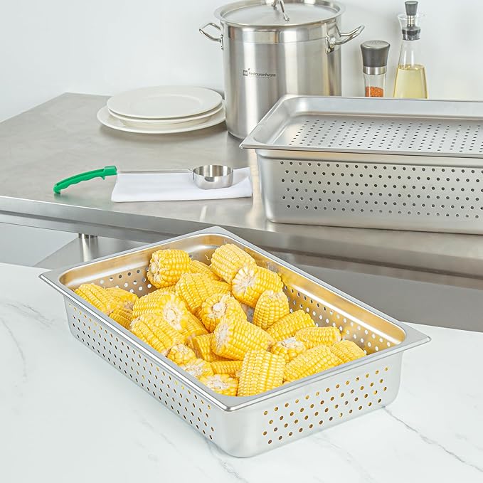 Restaurantware Steam Table Pan 6 Pack of Full Size Stainless Steel Perforated Hotel Pan Anti-Jam 4 Inch Deep Silver Commercial Kitchen Pan 24 Gauge
