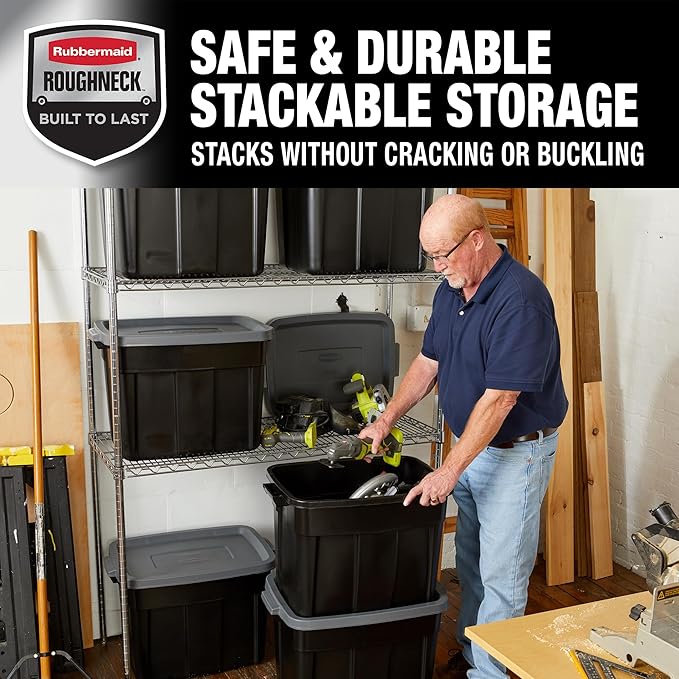 Rubbermaid 18 GAL 6 Pack Garage Storage Bins with Stackable Lid Heavy Duty - Made in USA - Extreme Temperature Resistant Durable Plastic Containers with Handles - Solid Black and Grey