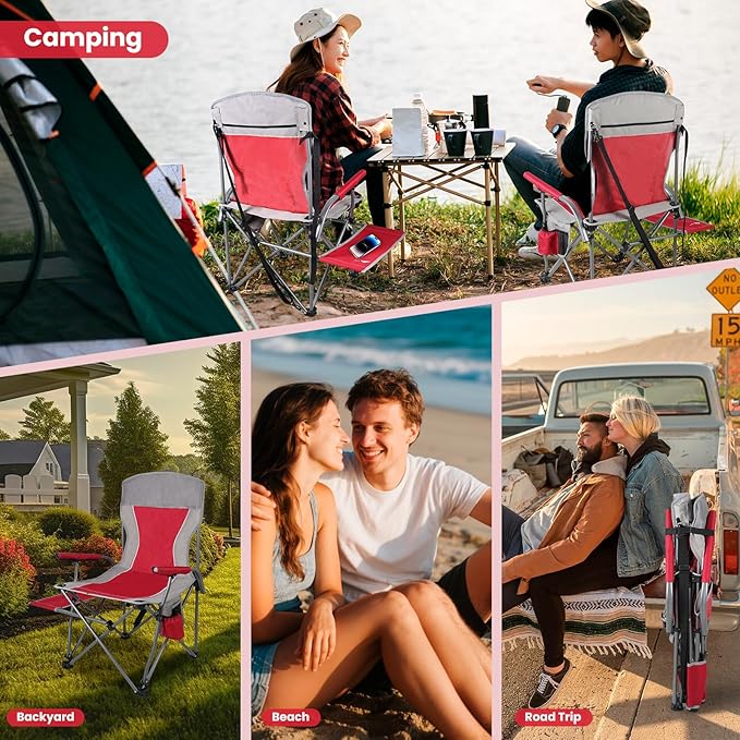 Ablazer Camping Chairs with Side Table Support 300 LBS Lawn Chairs for Adults Heavy Duty Folding Chairs for Outside Camping RV Trip (Red)