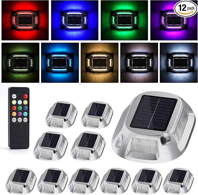 VOLISUN Solar Driveway Lights Dock Deck Lights with Remote 12 Pack9 Colors in 1 Led IP67 Waterproof Outdoor Warning Step Lights for Driveway Sidewalk Pathway RGB